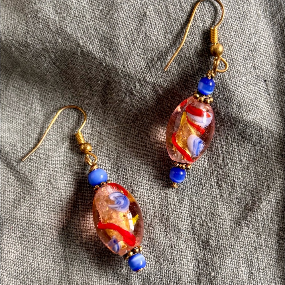 Handmade Pink Glass Bead Dangle Earrings with Blue Accents